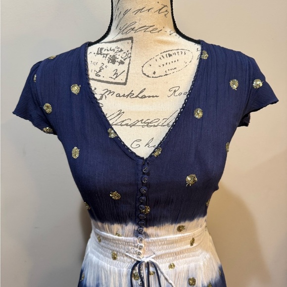 GOA‎ Paris Blue & White Asymmetric Hem V Neck Midi Dress Floaty Fairycore Sz M - Picture 3 of 14